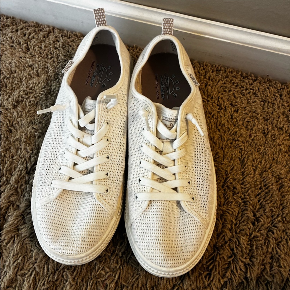 Bob's from Skechers White Memory Foam Knit Lace-Up Sneakers